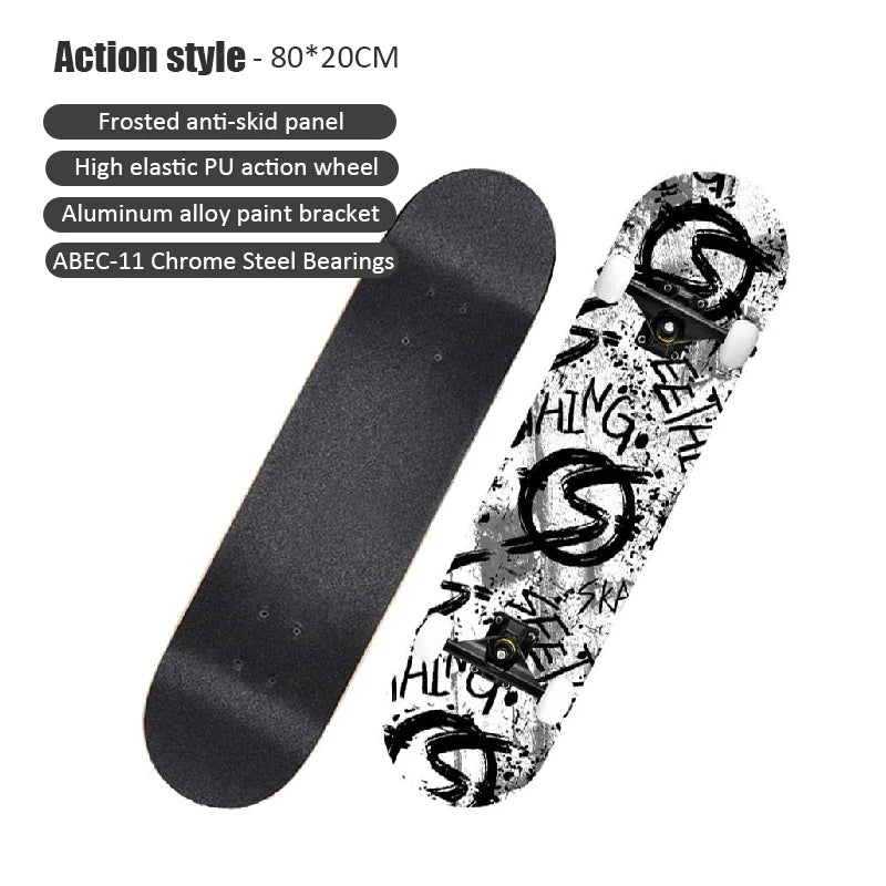 60/72/80cm Beginner Skateboard Maple Longboard Double-warped Skateboard Pro Standard Complete Skate Board for Adults Youths Kids