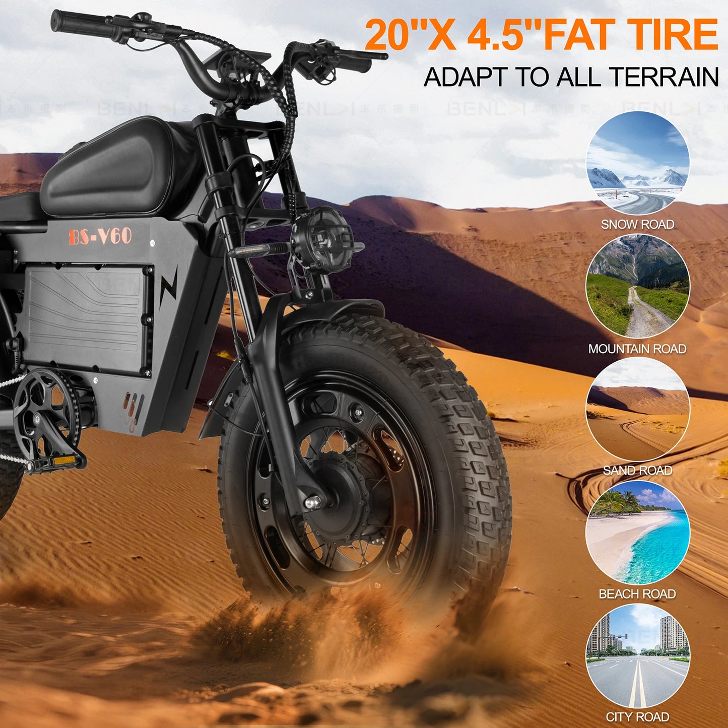 2500W Dual-Motor Electric Motorcycle 60V 40AH Battery, 120KM Range 20-inch Wide Tires with Hydraulic Brakes ebike