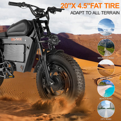 2500W Dual-Motor Electric Motorcycle 60V 40AH Battery, 120KM Range 20-inch Wide Tires with Hydraulic Brakes ebike