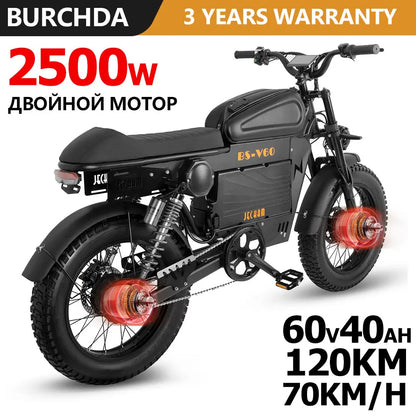 2500W Dual-Motor Electric Motorcycle 60V 40AH Battery, 120KM Range 20-inch Wide Tires with Hydraulic Brakes ebike