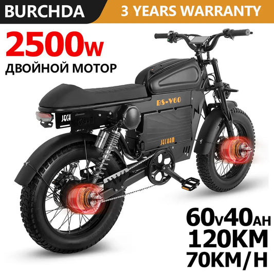 2500W Dual-Motor Electric Motorcycle 60V 40AH Battery, 120KM Range 20-inch Wide Tires with Hydraulic Brakes ebike