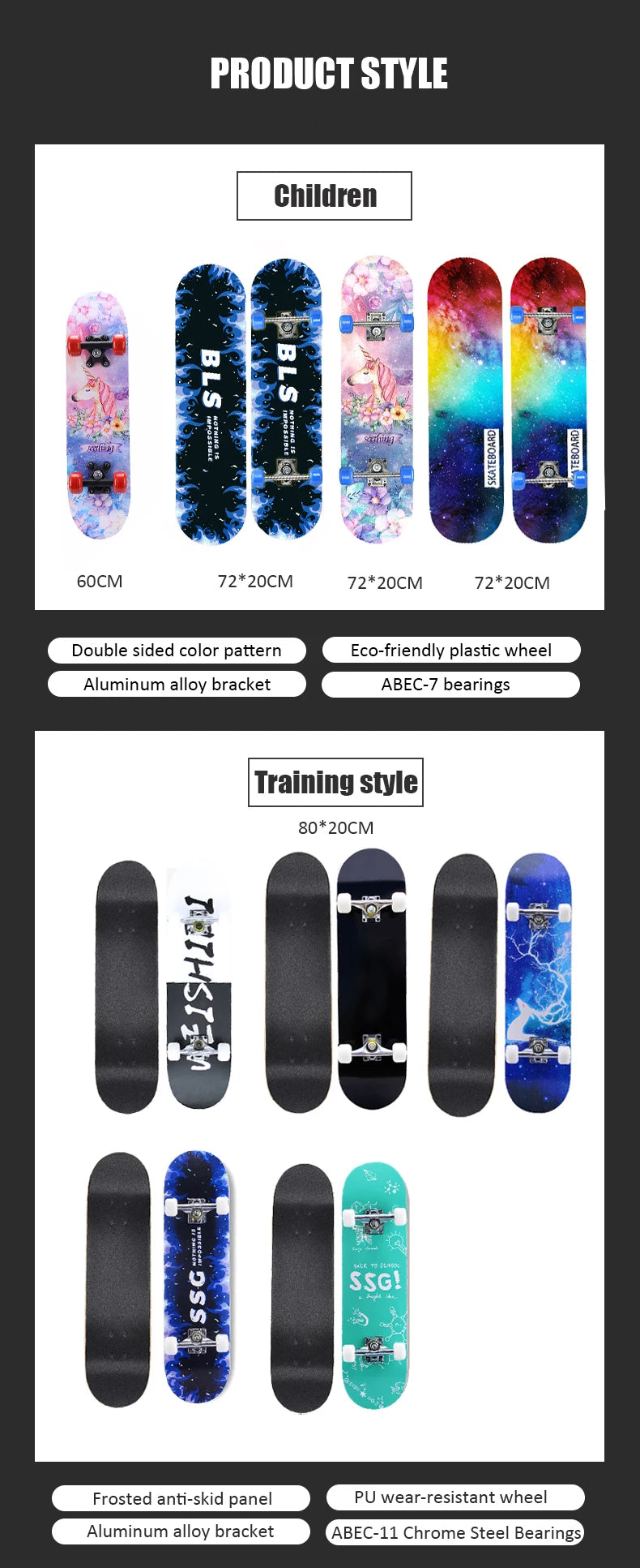 60/72/80cm Beginner Skateboard Maple Longboard Double-warped Skateboard Pro Standard Complete Skate Board for Adults Youths Kids