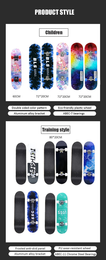 60/72/80cm Beginner Skateboard Maple Longboard Double-warped Skateboard Pro Standard Complete Skate Board for Adults Youths Kids