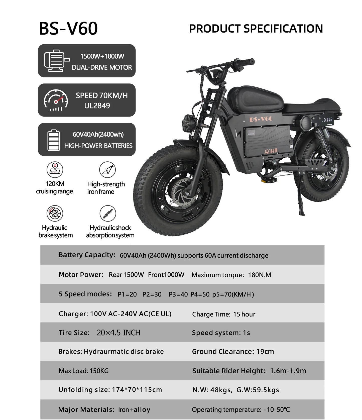 2500W Dual-Motor Electric Motorcycle 60V 40AH Battery, 120KM Range 20-inch Wide Tires with Hydraulic Brakes ebike