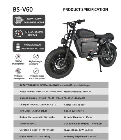 2500W Dual-Motor Electric Motorcycle 60V 40AH Battery, 120KM Range 20-inch Wide Tires with Hydraulic Brakes ebike