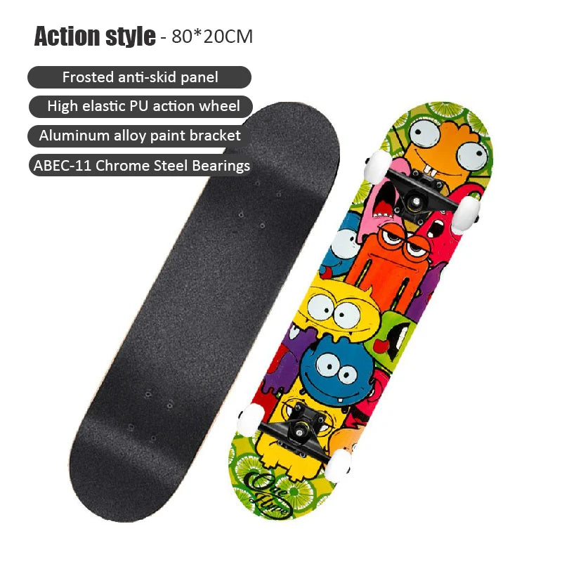 60/72/80cm Beginner Skateboard Maple Longboard Double-warped Skateboard Pro Standard Complete Skate Board for Adults Youths Kids
