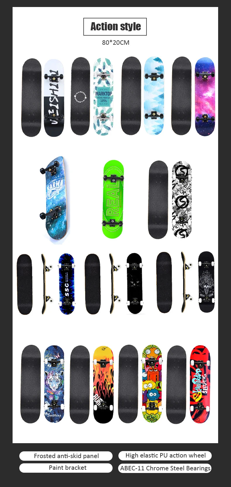 60/72/80cm Beginner Skateboard Maple Longboard Double-warped Skateboard Pro Standard Complete Skate Board for Adults Youths Kids
