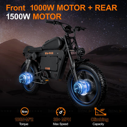 2500W Dual-Motor Electric Motorcycle 60V 40AH Battery, 120KM Range 20-inch Wide Tires with Hydraulic Brakes ebike