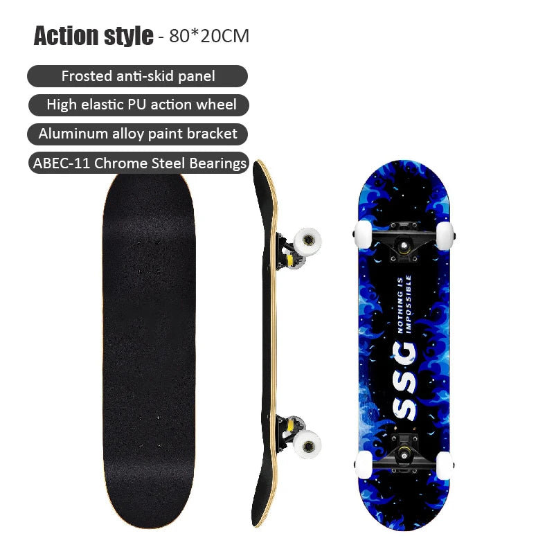 60/72/80cm Beginner Skateboard Maple Longboard Double-warped Skateboard Pro Standard Complete Skate Board for Adults Youths Kids
